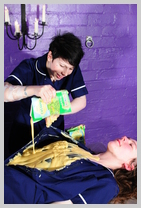 Chastity and Kitty in custard uniform fun. featuring Kitty, the dancer Chastity and Kitty in custard uniform fun. featuring Kitty, the dancer